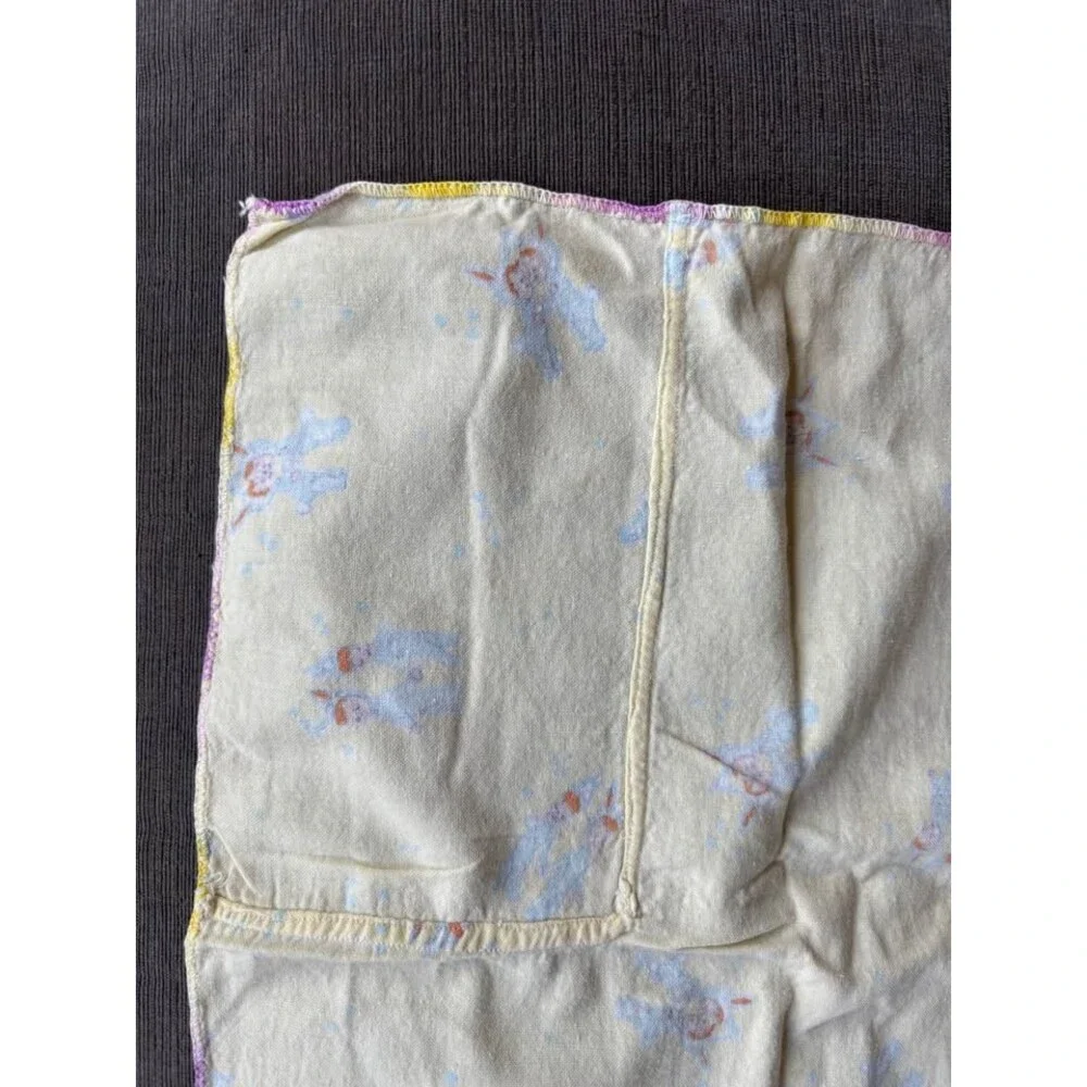 Vintage Yellow Baby Blanket Flannel Receiving Swaddle Blue Character Print Rare